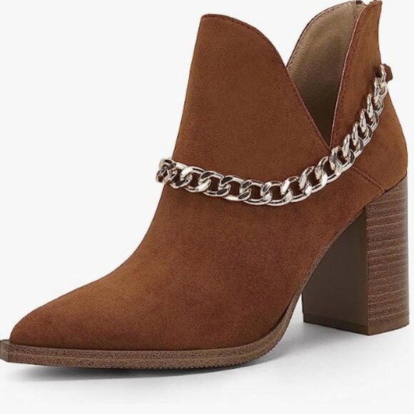 Cutout Booties Chain Pointed Toe Stacked High Heel Back Zipper, Size 9.5 - Picture 2 of 8